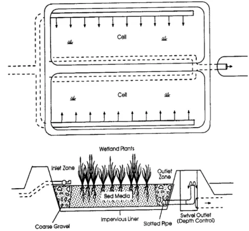 Figura 4.19. Configurazione tipica di un sistema di trattamento di fitodepurazione a  flusso subsuperficiale  (Da Kadlec e Knight, 1996)