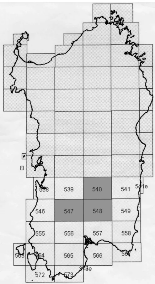 Fig. 1.1: Carta rappresentativa dei fogli di rilevamento del Progetto C.A.R.G.; i fogli Mandas, Villacidro e Senorbì sono rispettivamente i 540, 547, 548