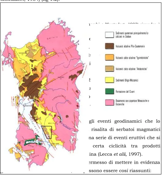 Fig. 1.2: Carta geologica e della Sardegna (Cherchi e Montadert, 1982) riquadro è evidenziato il distretto di Monastir-Furtei.