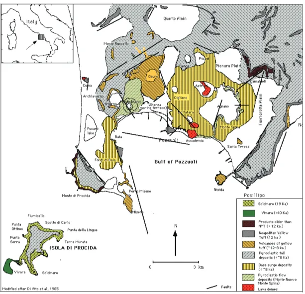 Figura 5.1: Schema geologico-strutturale della piana campana; sono indicati anche alcuni dei principali centri eruttivi.