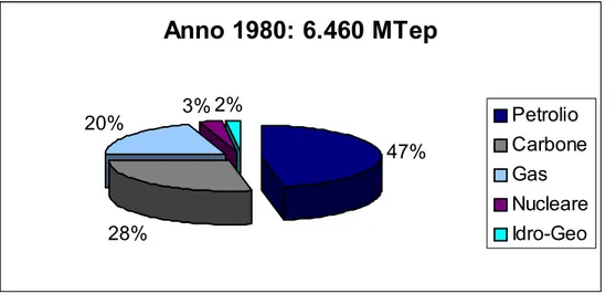 Figura 1.6 - Consumi energetici mondiali dell’anno 1980 divisi per fonti [4] 