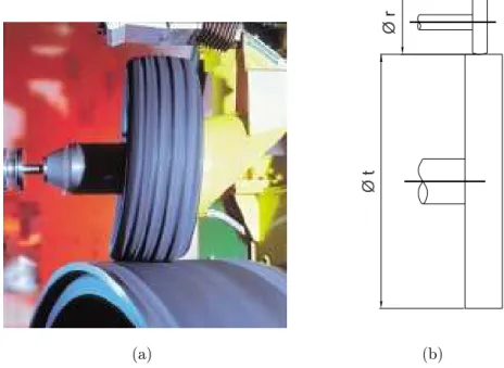 Figura 1.5: Prova con pneumatico rotante sull’esterno del tamburo: (a) foto; (b) schema della prova