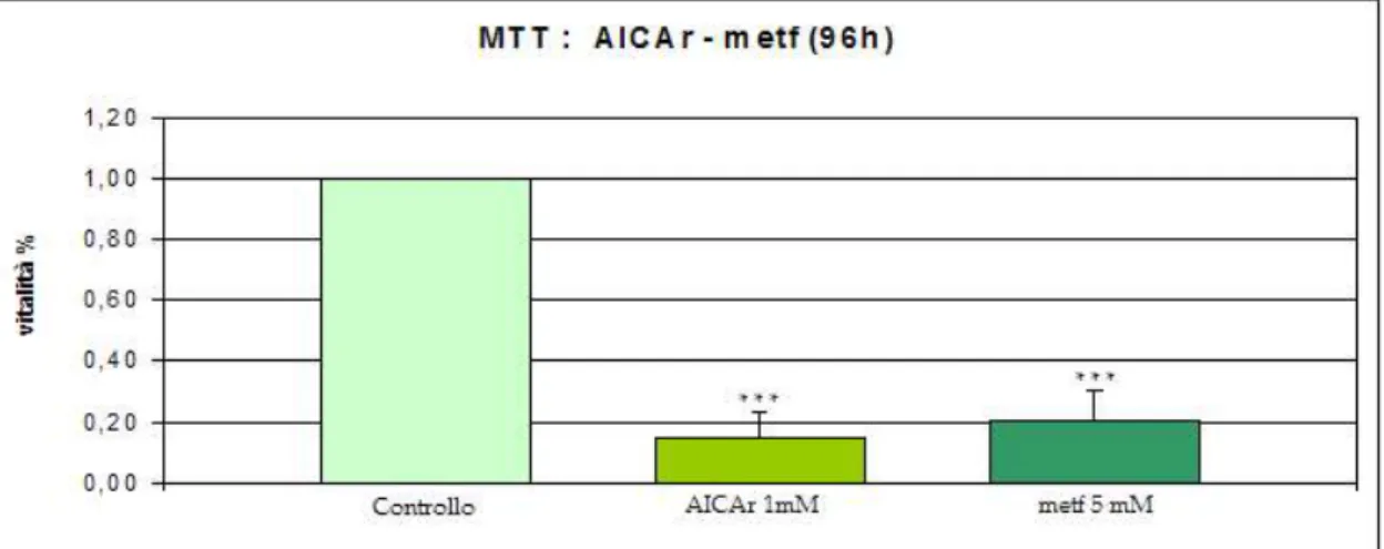 Fig 3l6l Effeit tizctittzta2tiAf.tLa iitalitt delle cellule SH-SY5Y è stata misurata con il metodo dell’ TT  come descrito in  ateriali e  etodi0i dopo 7  ore di tratamento con AICA riboside  AICAr0 o met ormina  met 0l I dati sono espressi come media 6 SE