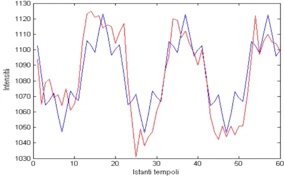 Figura 4: Andamento intensità nel tempo di un voxel ricostruito della zona attiva (curva blu) e
