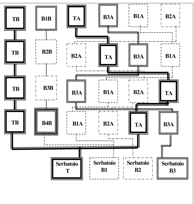 Fig. 27 Distribuzione delle tesi per parcelle e bancali e collegamenti con i serbatoi  contenenti la soluzione nutritiva per la fertirrigazione