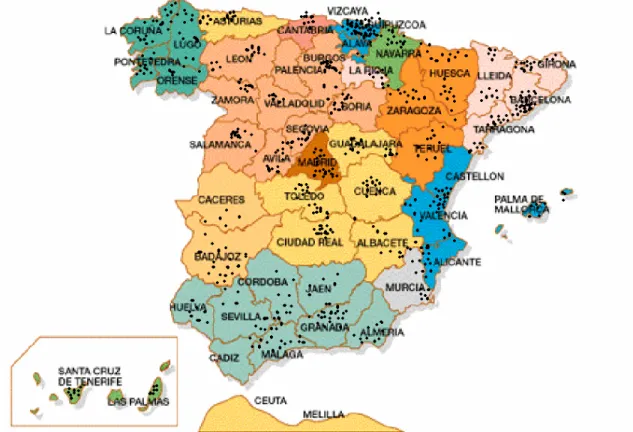 Figura 2.1.: Distribuzione dei campioni analizzati nel territorio spagnolo. 