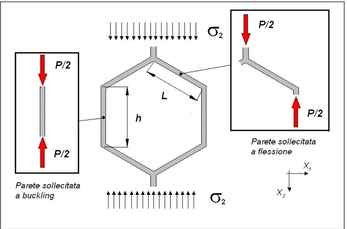 Figura 4.9  – Schema di analisi per la valutazione della resistenza di una cella esagonale  sottoposta a compressione nella direzione X 2 