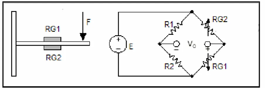 Figura 3.5: circuito a mezzo ponte (a destra) in cui sono inseriti due strain gage, RG1 ed RG2,  che possono essere posizionati sulle due facce di una lamina (a sinistra), in modo che ad uno  sforzo di trazione subito da RG1, in seguito all’applicazione de