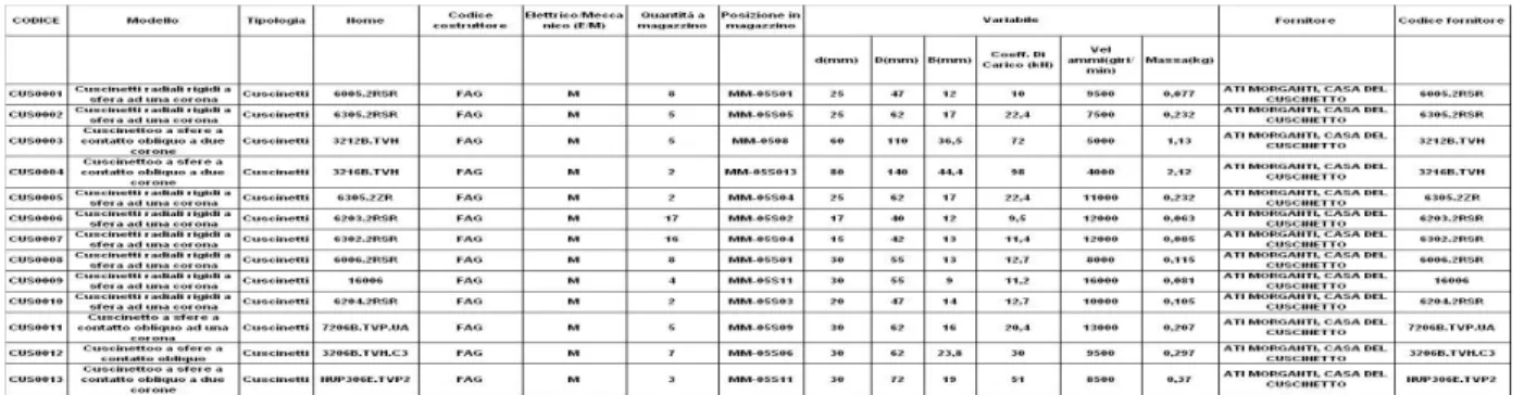 Figura 15 Esempio di foglio raccolta dati per catalogazione ricambi 