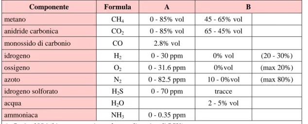 Tabella 5.8: Componenti principali del biogas (i valori tra parentesi sono da considerarsi anomali)