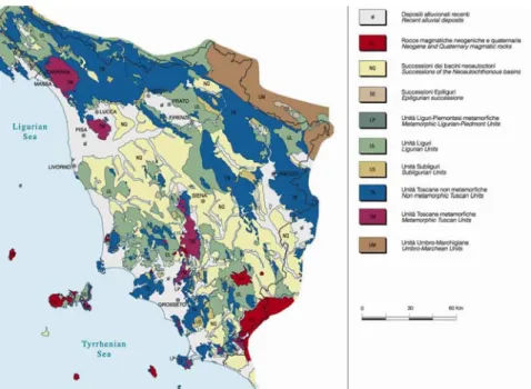 Fig 2.1  Carta geologica della Toscana. Schema delle unità stratigrafiche e strutturali dell’area