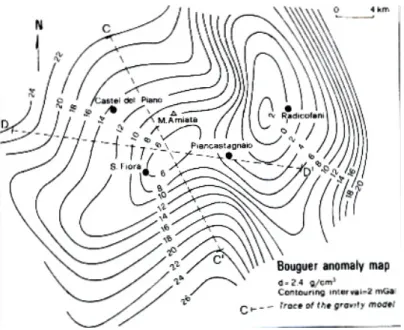 Fig 2.10 Mappa dell’anomalia di Bouguer che evidenzia la presenza di corpi magmatici 