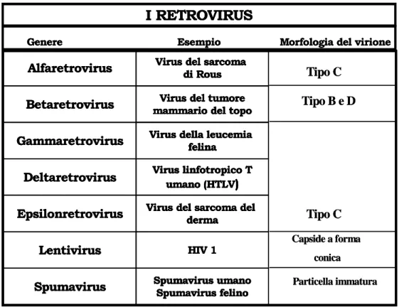 Tabella 1: classificazione dei retrovirus in base alla morfologia del  virione 