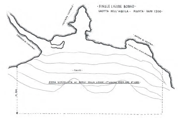 Fig. 1 – Arma dell’Aquila: planimetria dell’area vincolata dal Soprintendente L. Bernabò Brea nel 1941, che ricalca il rilievo dell’Ing