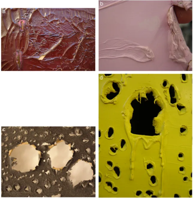 Fig. 1. Details of Lucio Fontana’s paintings showing the degradation phenomena and the peculiarity of the artist’s technique: a: Concetto spaziale-Notte d’amore a Venezia (60 0 81); detail of the widespread craquelure and paint losses; b: Concetto spaziale