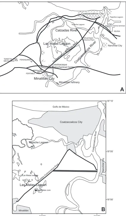 Fig. 1. Study area (A) in the 1970s, and (B) at present, including the sampling location.