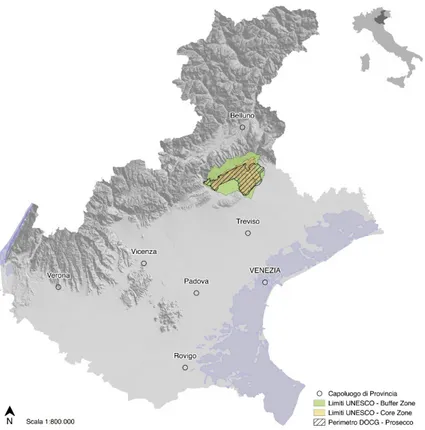 Figure 1. The map of Veneto Region, in the north-east of Italy: the area of the Prosecco DOCG at the 