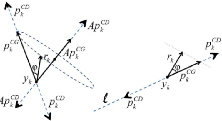Fig. 1 At the kth iteration of the CG and C D, the directions p k C G and p C D k are respectively generated, along the line 