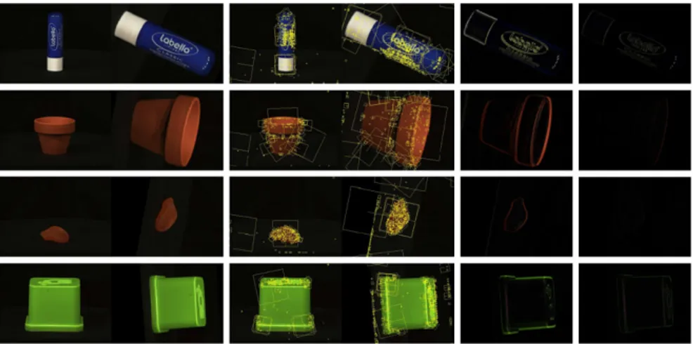 Fig. 8.2 Point pattern matching: the first two columns show the original images, the third and fourth columns show the extracted features, and the fourth and fifth show the allineation error