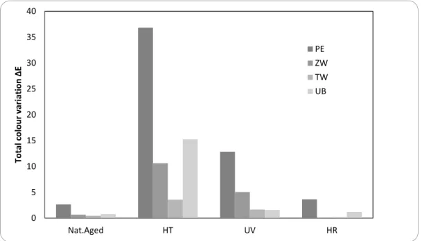 Figure 5. Total colour variations calculated as ΔE for all the mock-ups studied. 