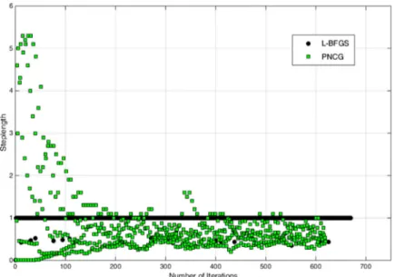 Fig.  3. The complete sequences of steplengths generated by the linesearch procedure, when coupled to L-BFGS ( ﬁlled circles ) and to our proposal in  (5.3)  ( empty squares )