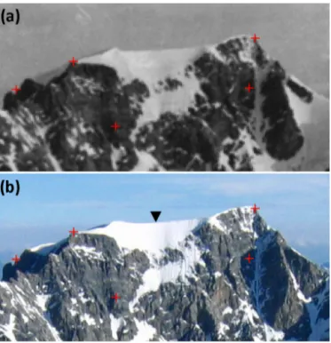 Figure 2. Comparison of terrestrial photographs of Mt. Ortles taken from the summit of Gran Zebrù (3851 m) (a) during the years 1900–1930 (http://www.montagnedifoto.com/, last access 16 March 2016) and (b) on the 4 July 2010 (photo: Roberto Seppi)