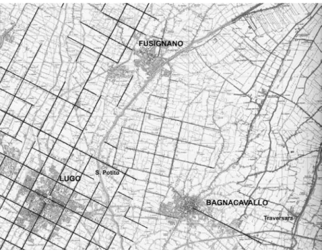 Fig. 10 Tracce di centuriazione rilevate nei territori dei Comuni di Lugo, 