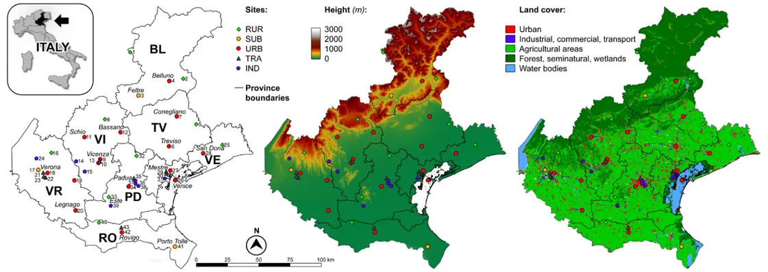 Figure 1. Map of the Veneto Region: administrative (left); terrain relief (centre); land use and cover from CORINE Land Cover 2006 data (right)
