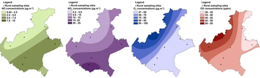 Figure 4. Maps of concentrations for NO, NO 2 , O 3  and OX measured at the RUR sites