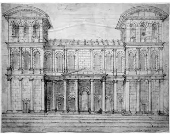 Fig. 4.  Prospetto di edificio con torri campanarie angolari, sec. XVI, matita rossa e penna su