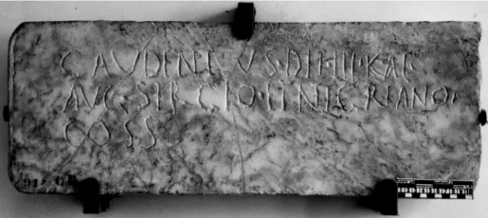 Fig. 2 – Epigrafe funeraria di Gaudentius con datazione consolare  del 350 d.C. (ICVR VII 19950) 