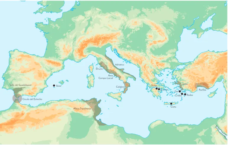 Figura 4.  Mappa di sintesi delle principali località e aree geografiche di origine delle anfore analizzate nel  progetto di recupero I.E.