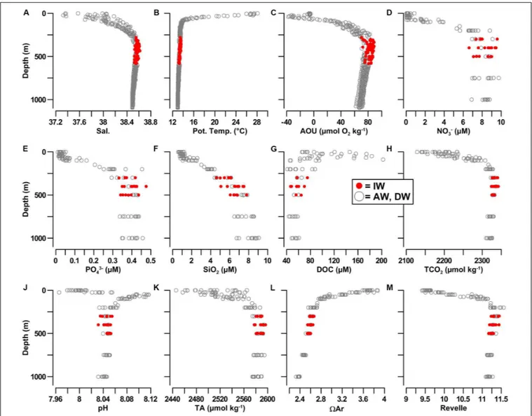 FIGURE 6 | Vertical profiles of in situ biogeochemical properties of IW (black dots) in IVb, VIb and VII, compared to the surrounding waters, AW and DW (gray circles)
