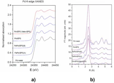 Figure 2.  a)  Pd K-edge XANES spectra of the Pd-species in Met x -EPS sample compared to Pd-EPS, FePd-EPS(A), FePd- FePd-EPS(B) samples and reference Pd metal foil with f-c.c