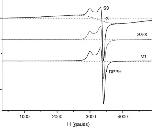 Fig. 4. Plot of g longitudinal component values (g || ) vs. the line width of the transversal component (W ⊥ ) of the EPR spectra for all the EB tested samples.