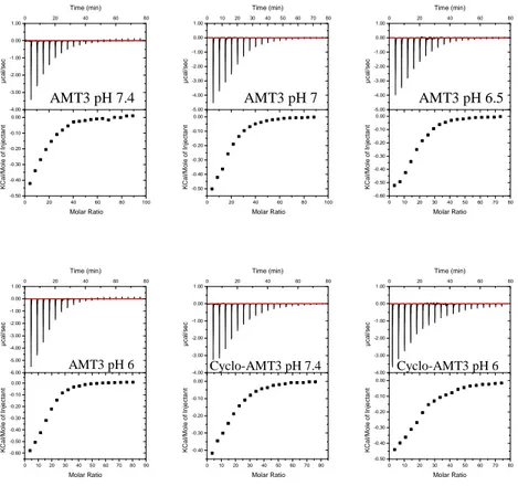 Figure 6 Titration of AMT3 and cyclo-AMT3 with POPC/POPG (75/25 M/M) SUVs  at 35°C and different pH value