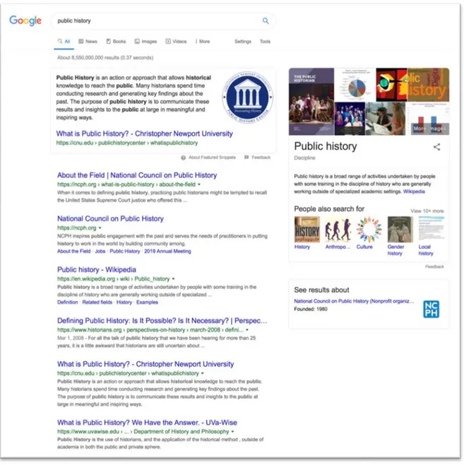 Figura 2. Resultado de la búsqueda de “Historia Pública” en Google”. 10 de agosto  de 2019 