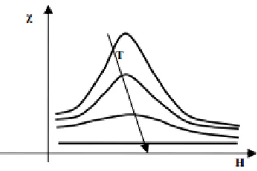 Figura 11 - Andamento della suscettività magnetica rispetto all'intensità del campo esterno al variare  della temperatura nelle sostanze ferromagnetiche 