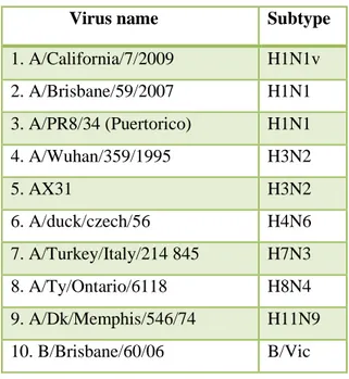 Table 2: Virus strains tested               Virus name  Subtype  1. A/California/7/2009   H1N1v  2