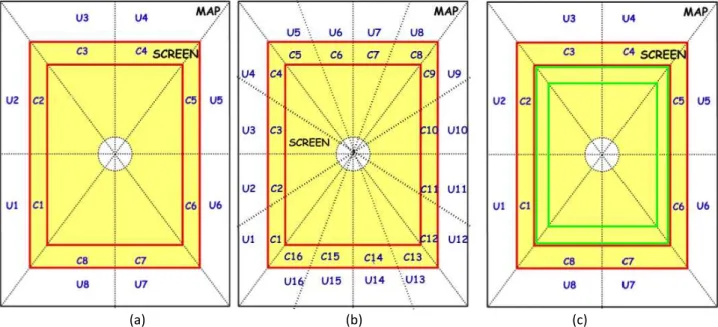 Figure	
  6	
  -­‐	
  (a)	
  a	
  Framy	
  subdivision	
  using	
  8	
  parts,	
  (b)	
  one	
  using	
  16	
  parts,	
  and	
  (c)	
  a	
  concentric	
  subdivision	
  