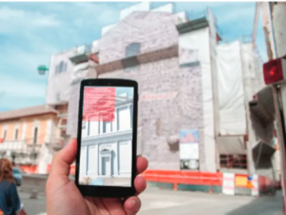 Fig. 1 -Application of Augmented Reality with the virtual reconstruction of  the unbuilt facade of Santa Marghertia Church in L’Aquila