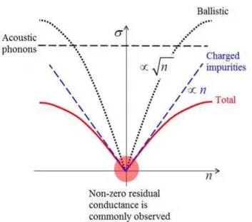 FIGURE 1.9:    Conductivity  vs. carrier density  ( σ  vs. n) for graphene. Acoustic phonons (short range)  and ionized impurity (long range) scattering are considered [12]