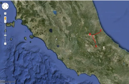 Figure 3.5: Location and directions of the laser strainmeters operating at Gran Sasso.