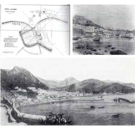 Fig. 14 Planimetria del progetto del porto dell’ing. Trinchera 1885; il porto di Salerno,  1879; veduta della città, 1885 