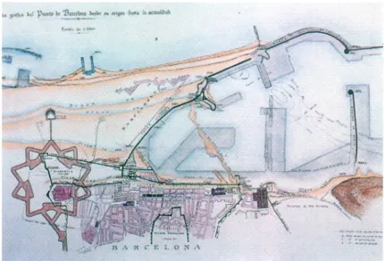 Fig. 6 Lo sviluppo storico del litorale di Barcellona fino al 1992 sovrapposto alla mappa  del 1477