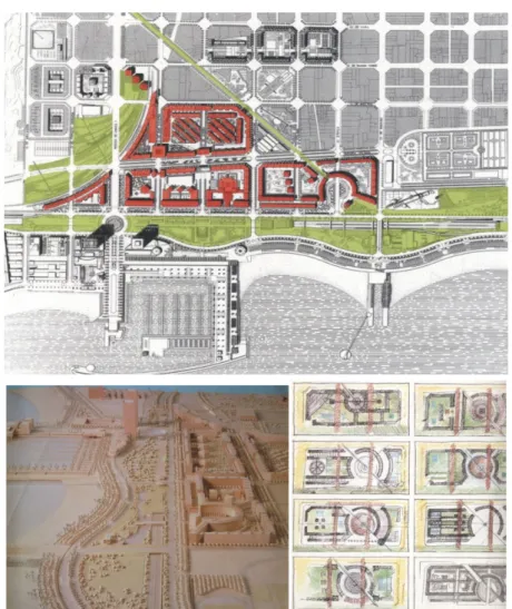 Fig. 8 MBM Arquitects y Albert Puìgdoménech, Villa Olimpica, 1986-1992. Planimetria  generale dell’area, maquette e schizzi preparatori del progetto 