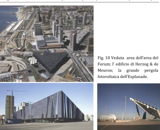 Fig. 10 Veduta  area dell’area del   Forum; l’ edificio di Herzog &amp; de  Meuron;  la  grande  pergola  fotovoltaica dell’Explanade