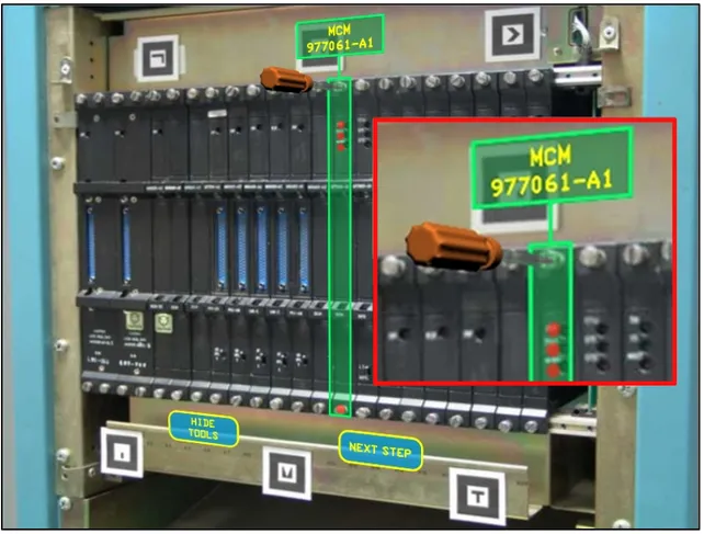 Figure 3: Panel augmented by virtual labels, tools and GUI  (inset) a magnified view showing 