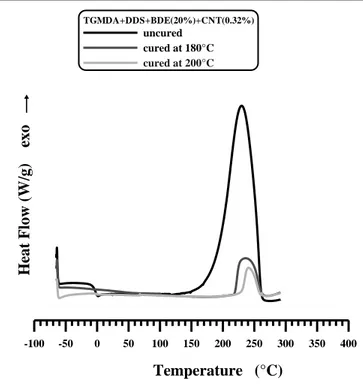 Figure  II.3  DSC  curves  of:  the  uncured  epoxy  mixture  TGMDA+DDS+BDE(20%)+CNT(0.32%),  and  the  same  epoxy  mixture  cured by two different curing cycles 