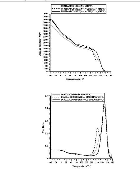 Figure  II.4  Storage  modulus  (MPa)  (at  the  top),  and  Loss  factor  (tanδ)   (at  the  bottom)  of  the  pure  epoxy  and  the  composites  0.32  wt%  MWCNTs  solidified up to 180 and 200°C respectively 